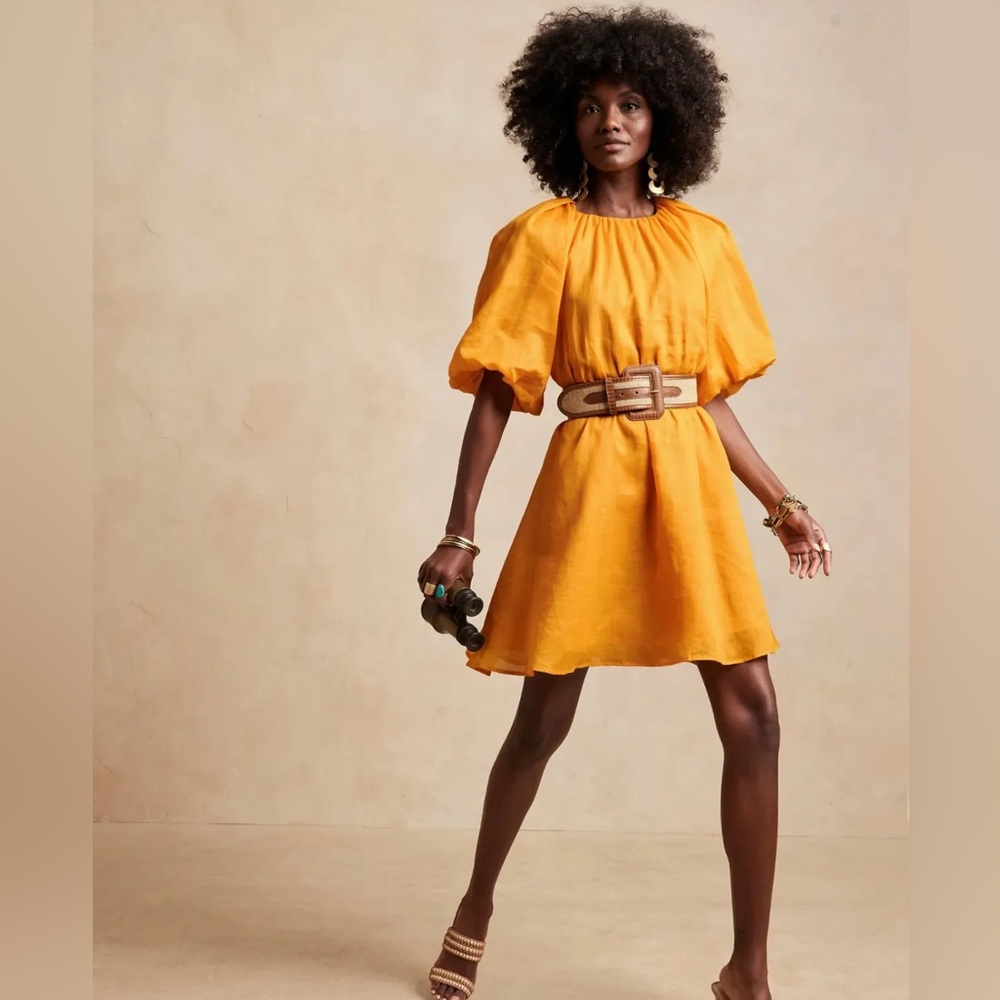 Banana Republic Ramie Puff Sleeve backless linen dress Small in mad about mango